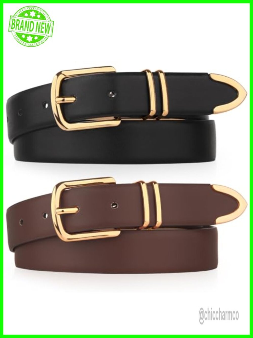 Pack 2 Women Belts Faux Leather Gold Buckle Jeans Pants